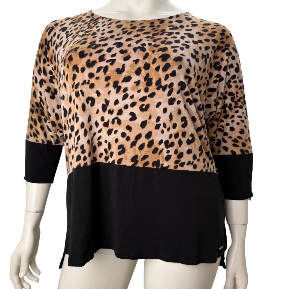 Calvin Klein Leopard Print Colorblock Top Gold‎ Zipper Cuff Lightweight Sz XL